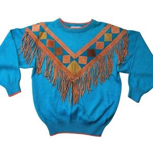 Vtg Pioneer Wear Sweater Suede Fringe Turquoise 70s Size Large